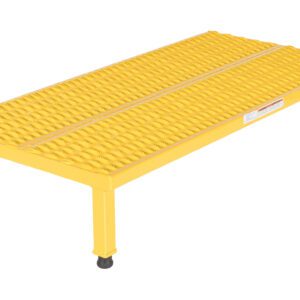 The Vestil Adjustable Steel Stand is a yellow metal platform measuring 10.5-16.5 inches high, 23.5 inches wide, and 48.75 inches long, featuring four black-tipped legs and a textured grid surface for traction. Its ideal for industrial or workshop use as an adjustable step stool or sturdy platform.