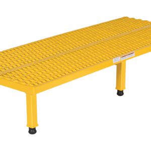 A yellow industrial step stool, similar to the Vestil Adj Steel Stand 10.5-16.5 H 23.5W X60L, has a textured non-slip surface and four rubber-capped legs for stability, ensuring safe access to elevated areas.