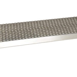 The Vestil Adj Ss Work Stand 6.75-8.75 H 19 X 47 features a grid-like metal platform adjustable from 6.75 to 8.75 inches high, supported by four legs with black rubber tips, and measures 19 x 47 inches, designed for industrial or commercial use as a dependable step or stand.