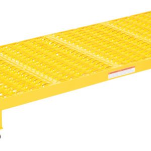 The yellow Vestil Adj Work Mate Stand (6.75-8.75 inches in height, 19.56x47 inches dimension) is a robust industrial platform with grated surface for traction and four sturdy black rubber-footed legs for stable elevated access in diverse work settings.