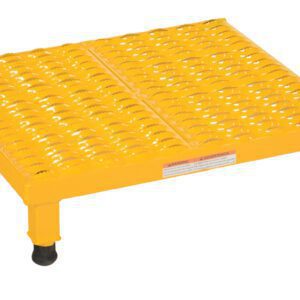 The Vestil Adj Work Mate Stand 6.75-8.75 H 23.5X24.06 features a yellow metal step stool with a grated surface for slip resistance, four legs with black rubber feet, and a small warning label; its elevated for industrial use and adjustable from 6.75 to 8.75 inches in height.
