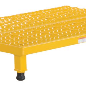 The Vestil Adj Work Mate Stand 6.75-8.75 H 23.5X36.43 has a height range of 6.75–8.75 inches and features a yellow metal platform with textured, non-slip surface supported by four sturdy legs with black feet, ensuring stability for various tasks over its 23.5 x 36.43-inch area.