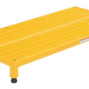 The Vestil Adj Work Mate Stand 6.75-8.75 H 23.5X48.75 features a yellow metal platform with a grated surface, four black rubber-tipped legs, is rectangular and adjustable from 6.75 to 8.75 inches off the ground for industrial or heavy-duty use.