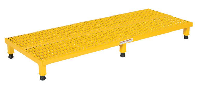 AHW-L-2460_A.jpg The Vestil Adj Work Mate Stand 6.75-8.75 H 23.5X60 is adjustable from 6.75 to 8.75 inches, has a rectangular yellow grated step platform with four legs featuring black feet, and measures 23.5x60 inches, ideal for industrial or workshop use, providing reliable elevation and support.