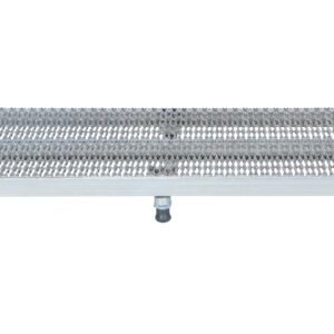 The Vestil Adj Ss Work Stand 6.75-8.75 H 23.5 X 72 has a robust metal grate step platform with grid pattern and four support legs, making it perfect for construction sites by providing drainage and grip for safe standing or walking on its flat surface.