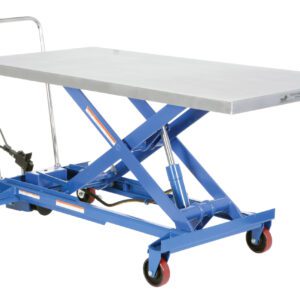 The Vestil Air Steel Cart 1000 Lb 31.5 X 63 has a blue hydraulic lift table, flat metal surface, red caster wheels, and a handle with a foot-operated pump. It easily lifts up to 1000 lb, making it ideal for workshops or warehouses.