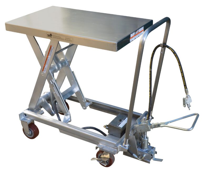 The Vestil Air Ss Cart 1000 Lb features a stainless steel hydraulic lift table with a 19.6875 x 32.5 top, four wheels, and a manual hydraulic system with a foot pedal for elevation, plus a black coiled hose on the side.