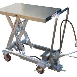 The Vestil Air Ss Cart 1000 Lb features a stainless steel hydraulic lift table with a 19.6875 x 32.5 top, four wheels, and a manual hydraulic system with a foot pedal for elevation, plus a black coiled hose on the side.