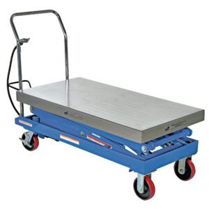 The Vestil Air Steel Cart 1500 Lb 24 X 47.5 features a blue hydraulic lift with a rectangular stainless steel platform, red wheels, and black side cables. It has a maneuverable handle and can support up to 1500 lbs, making it perfect for easy lifting and transport of heavy items.