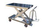 The Vestil Air SS Cart 1750 lb 20 x 39.5 features a stainless steel scissor lift table with a flat top and hydraulic foot pedal, supports up to 1750 lbs, measures 20 x 39.5 inches, and has four wheels for easy mobility in industrial settings.
