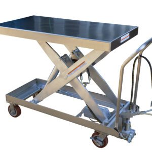 The Vestil Air SS Cart 1750 lb 20 x 39.5 features a stainless steel scissor lift table with a flat top and hydraulic foot pedal, supports up to 1750 lbs, measures 20 x 39.5 inches, and has four wheels for easy mobility in industrial settings.