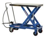 The Vestil Air Steel Cart 1750 Lb 20 x 39.5 is a blue hydraulic scissor lift table with a metal top, four red caster wheels, a handle and foot pedal for maneuverability, and can hold up to 1,750 lbs in its lowered position.