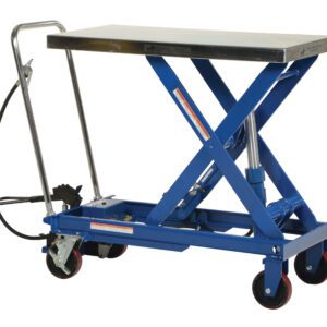 The Vestil Air Steel Cart 1750 Lb 20 x 39.5 is a blue hydraulic scissor lift table with a metal top, four red caster wheels, a handle and foot pedal for maneuverability, and can hold up to 1,750 lbs in its lowered position.