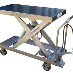 The Vestil Air SS Cart 2000 lb 24 x 47.25 is a strong scissor lift table with a flat surface, hydraulic foot pump, silver frame, and black platform. It can hold up to 2000 lbs and features four wheels for easy mobility.