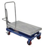 The Vestil Air Steel Cart 800 Lb 20 X 35.5 features a lift cart with a blue base, silver metallic platform, red wheels, and handlebar. It has an 800 lb capacity and measures 20 x 35.5 inches with a hydraulic pump lever for easy height adjustment.