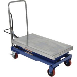 The Vestil Air Steel Cart 800 Lb 20 X 35.5 features a lift cart with a blue base, silver metallic platform, red wheels, and handlebar. It has an 800 lb capacity and measures 20 x 35.5 inches with a hydraulic pump lever for easy height adjustment.
