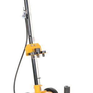 The Vestil Air-Powered Fork Truck Jack 44K 8.25 To 18.25 features a yellow hydraulic body, two large black wheels, and a long handle. Its vertical pole holds control levers with a coiled cable, while the sturdy base lifts heavy loads efficiently from 8.25 to 18.25 inches high.