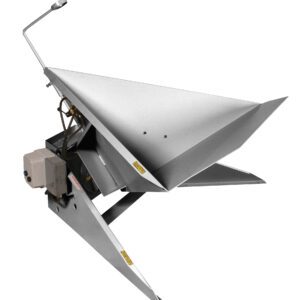 The Vestil Hand Lever Air Corner Tilter Ss 1.5K Lb is a silver metal hopper with a funnel shape, mounted on a mechanism for precise control with an integrated control box, designed to process up to 1.5K lbs in industrial settings efficiently.