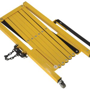 The yellow folding step stool, with black accents and a wheel on one leg, mirrors the versatile design of a Vestil Aluminum Expand-A-Gate Wall/Rack Mount. Its interconnected slats and side metal chain enhance mobility and compact storage like expandable solutions.