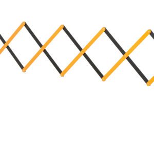 The Vestil Aluminum Expand-A-Gate is an orange and black expandable barrier with a scissor design, displaying a zigzag pattern when fully extended. It features vertical supports on each side and sleek black horizontal bars.