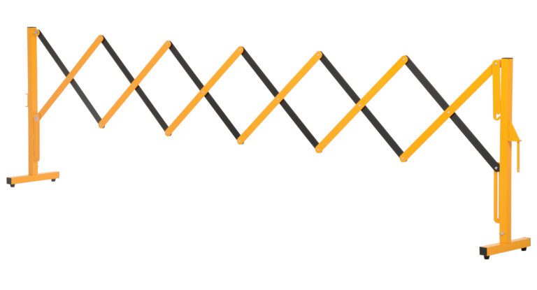 The Vestil Aluminum Expand-A-Gate is an orange and black expandable barrier with a scissor design, displaying a zigzag pattern when fully extended. It features vertical supports on each side and sleek black horizontal bars.
