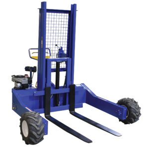 The Vestil Gas Powered All Terrain Pallet Truck includes a blue manual forklift with two large front forks, a gridded metal guard, and an operator seat. It has four rugged wheels and a visible side engine, making it ideal for outdoor tasks.