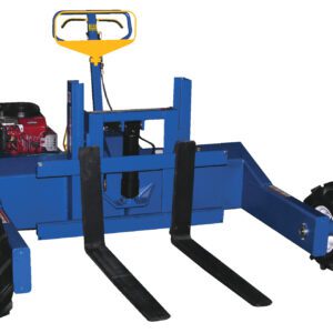 The blue heavy-duty agricultural machine resembles a Vestil All-Terrain Pallet Truck Gas 2K 36In, with its two large black wheels, forward-extending metal prongs, and gas-powered engine. Its expertly designed for lifting and transporting materials with its sturdy build and 36-inch reach.