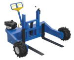 The image shows a Vestil All-Terrain Pallet Truck Gas 4K 36In, with a blue and yellow design, two large black tires, a left-side small engine, and 36-inch metal lifting forks at the front. A handle at the back ensures smooth operation of this gas-powered machine.