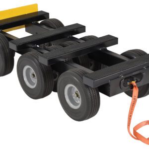 The Vestil All Terrain Eight Wheel Dolly features a 1400 lb capacity, sturdy black metal frame, eight large rubber wheels, yellow handle, and orange straps at each end for efficient heavy item transport.