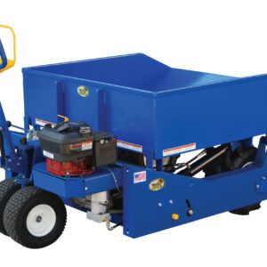 The blue industrial push spreader, similar to the Vestil All Terrain Hopper Truck 3000 Lb Cap, boasts a black and red motor, large funnel-shaped hopper, two big rear wheels, and a handle with a yellow grip. Side levers and controls add to its functionality.