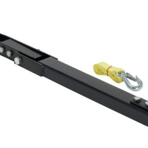 The Vestil All Terrain Pallet Truck Option Tow Bar is a black metal tow bar with a yellow strap and hook, featuring adjustable components and a pin for secure attachment, displayed against a white background.