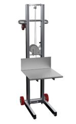 The Vestil Aluminum Lite Load Lift Winch 20X20 boasts a sturdy metal hand truck design with a 20x20 platform, vertical frame, and winch system. Equipped with red wheels and a metal handle, it ensures effortless transport of heavy items.