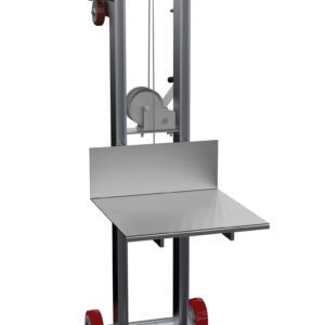 The Vestil Aluminum Lite Load Lift Winch 20X20 boasts a sturdy metal hand truck design with a 20x20 platform, vertical frame, and winch system. Equipped with red wheels and a metal handle, it ensures effortless transport of heavy items.