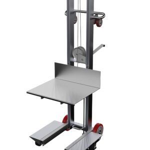 The Vestil Aluminum Lite Load Lift Winch 24X20 is a metal lifting trolley with a 24x20 flat platform, pulley system, two red wheels, and a rear handle, ideal for transporting heavy items in industrial settings.