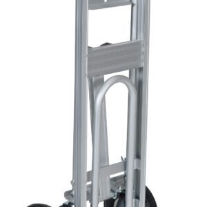 The Vestil Alum Convertible Hand Truck 20.5 X 51.5 is a versatile aluminum hand truck with foldable features, two large black wheels, and an adjustable black handle for easy transport and compact storage.
