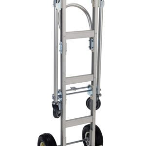 The Vestil Alum Convertible Hand Truck 20.5 X 62.25 has a metal construction, two wheels, and a folding handle. Its flat base plate is designed for heavy loads and stands upright against a white background.