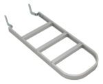 A three-step silver metal ladder with hinged brackets, resembling the Vestil Alum Hand Truck Extension Option, features a curved bottom for secure surface attachment and enhanced accessibility.