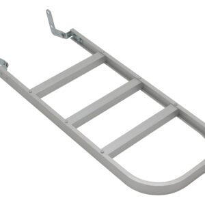 A three-step silver metal ladder with hinged brackets, resembling the Vestil Alum Hand Truck Extension Option, features a curved bottom for secure surface attachment and enhanced accessibility.