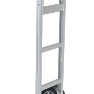 The Vestil Aluminum Hand Truck W/Hard Rubber Wheels features a sleek silver frame, robust hard rubber wheels, and sturdy black handles, making it ideal for handling heavy loads with ease.
