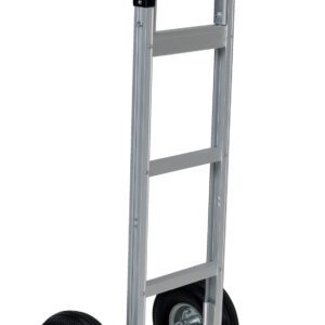 The Vestil Aluminum Hand Truck W/ Pneumatic Wheels has a silver frame, black handles, and an extendable flat base for easy loading. Its perfect for transporting heavy items, with two supports linking to the large wheels for stability.