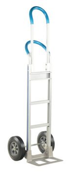 The Vestil Alum Loop Handle Hand Truck 18.5X62.81 Hr has a stylish silver design, blue handles, and two durable black wheels with a metal frame and flat base, ideal for vertical item transport.