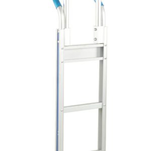 The Vestil Alum Loop Handle Hand Truck 18.5X62.81 Hr has a stylish silver design, blue handles, and two durable black wheels with a metal frame and flat base, ideal for vertical item transport.