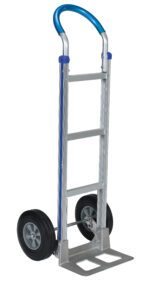 The Vestil Alum Loop Handle Hand Truck 18.5X49.25 has a stylish silver and blue frame with two black rubber wheels, a curved handle, four vertical bars, two crossbars, and a flat base for efficient item transport.