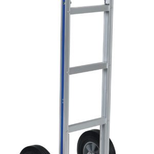 The Vestil Alum Loop Handle Hand Truck 18.5X49.25 has a stylish silver and blue frame with two black rubber wheels, a curved handle, four vertical bars, two crossbars, and a flat base for efficient item transport.