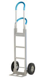 The Vestil Alum Loop Handle Hand Truck 18 X 62.81, in blue and silver with a flat base and two black wheels, boasts an extendable handle and sturdy frame for easy transport of heavy or bulky items.