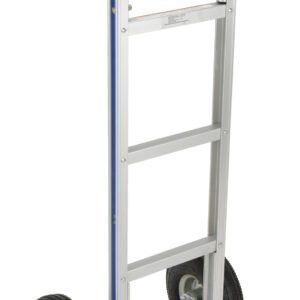 The Vestil Alum Loop Handle Hand Truck 18.5 X 49.25 has a silver frame, two black rubber wheels, and a blue handle. Its upright design features three crossbars and a flat metal base for easy item lifting.