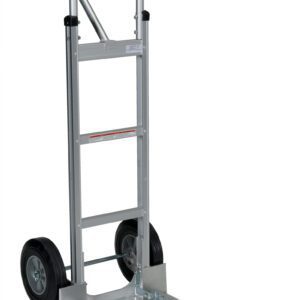 The Vestil Alum P-Handle Hand Truck Hard Rubber features a tall handle, robust silver frame, and two large black hard rubber wheels with a flat extended platform ideal for easily transporting heavy items.