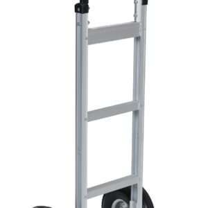 The Vestil Alum Pin Handle Hand Truck Pneumatic has a silver frame with a black handle, two large pneumatic rubber wheels, and a flat base platform perfect for carrying items. Its metal frame with riveted joints ensures durability.