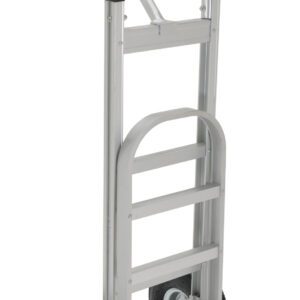 The Vestil Alum P-Handle Hand Truck Pneumatic Tires features a silver frame, two durable pneumatic tires, and a flat loading=