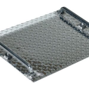 The Vestil Alum Tread Plate Mini Dockboard 500 Lb is a rectangular platform with a metallic diamond-pattern surface, featuring two vertical support bars on each side for utility or industrial use, supporting up to 500 lbs.
